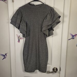 A3 Design Silver Metallic Lurex Tiered Ruffle Sleeve Bodycon Mini Dress Small